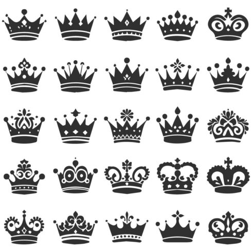 Silhouette design of various black crowns on a white background cover image.