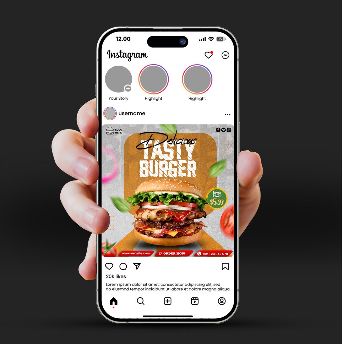 Spicy delicious tasty burger social media post preview image.