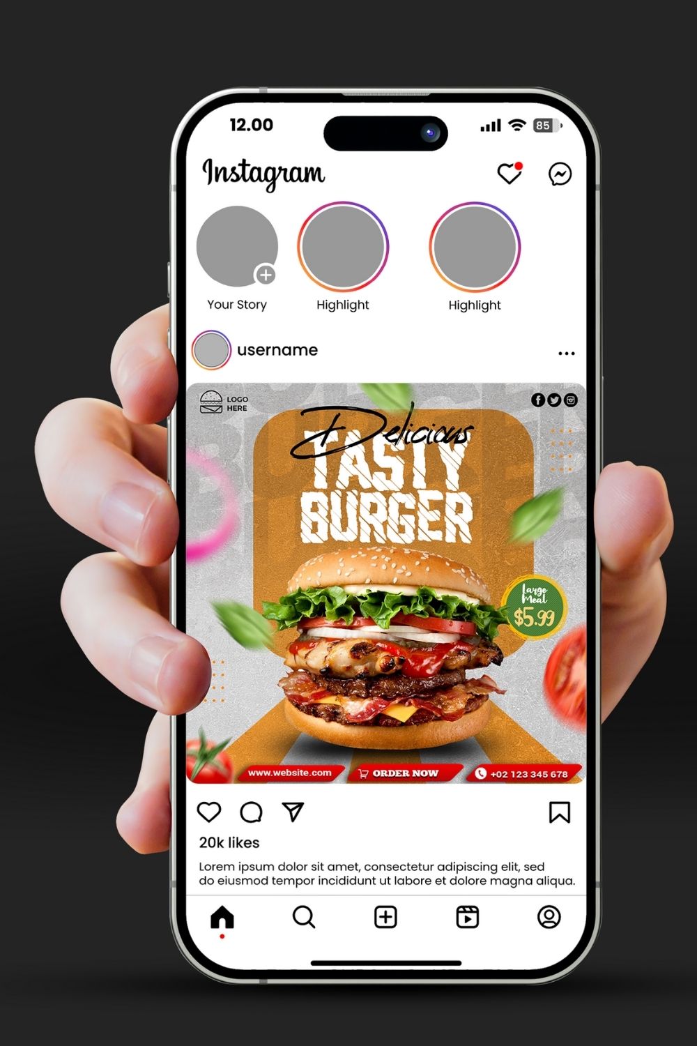 Spicy delicious tasty burger social media post pinterest preview image.