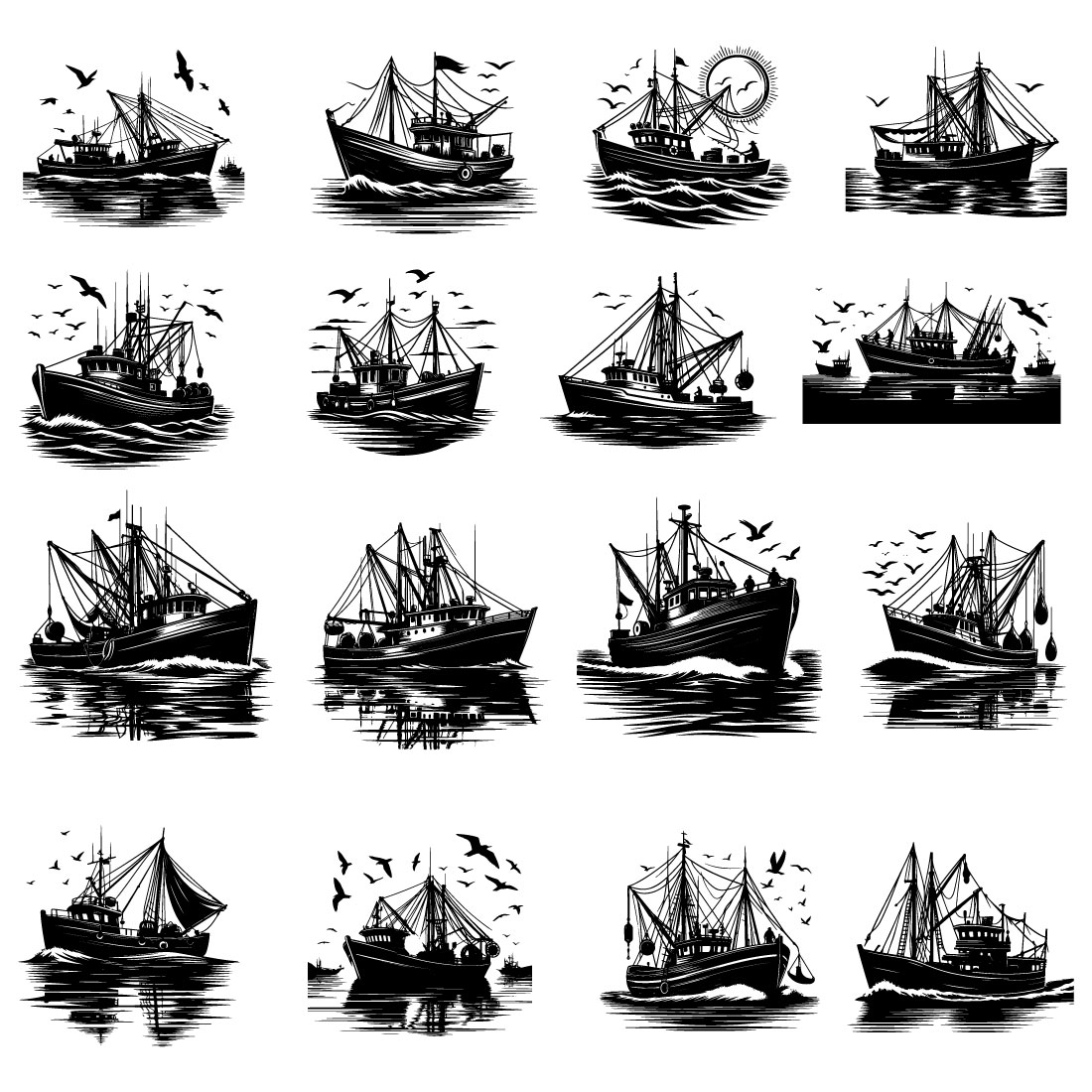 Fishing boat vector silhouette preview image.