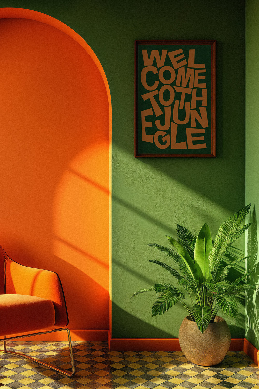 Green Room Mockup – Elegant Sunset Interior Scene for Artwork and Poster Displays pinterest preview image.