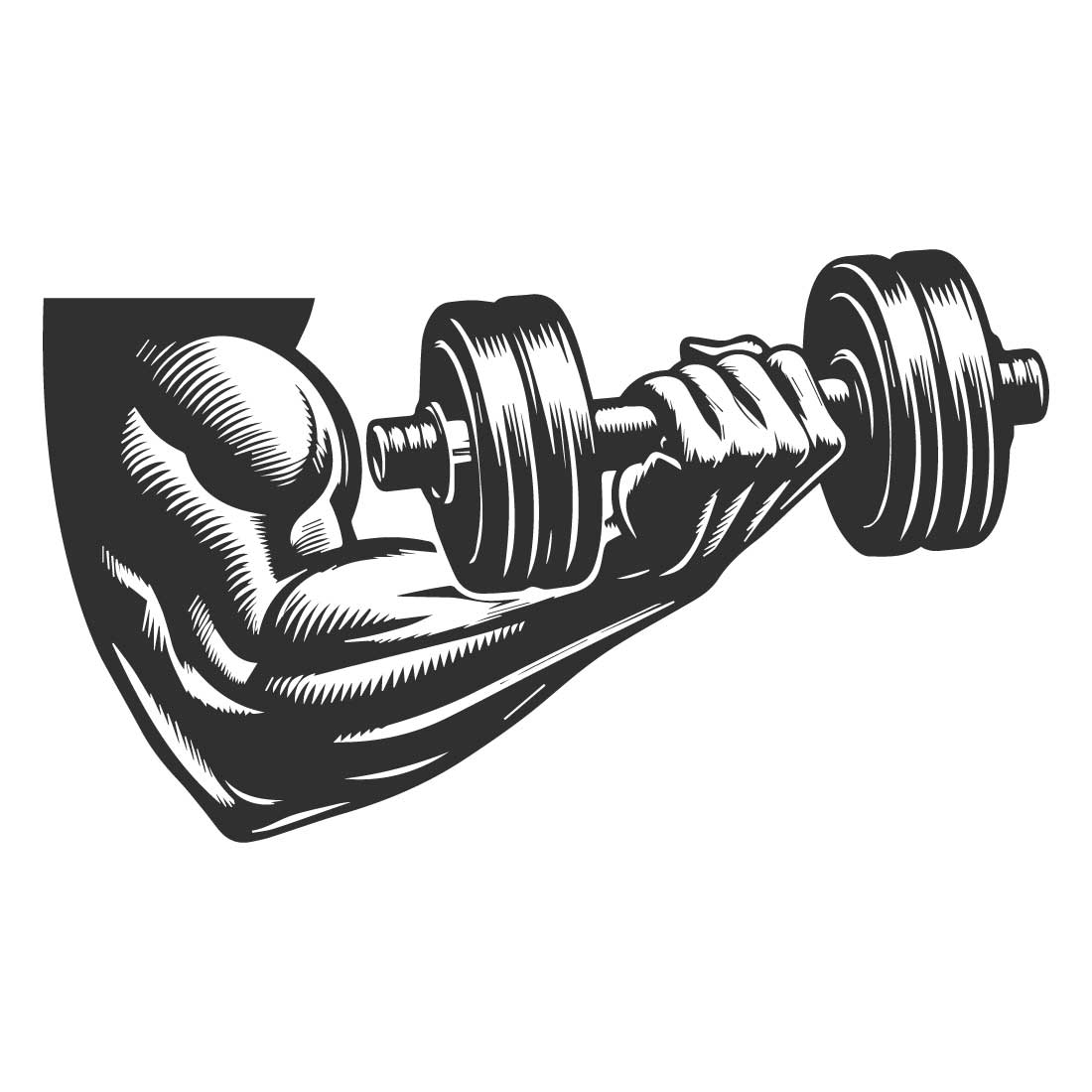 Close-up of a muscular arm lifting a dumbbell bold line art and silhouette design on a white background preview image.