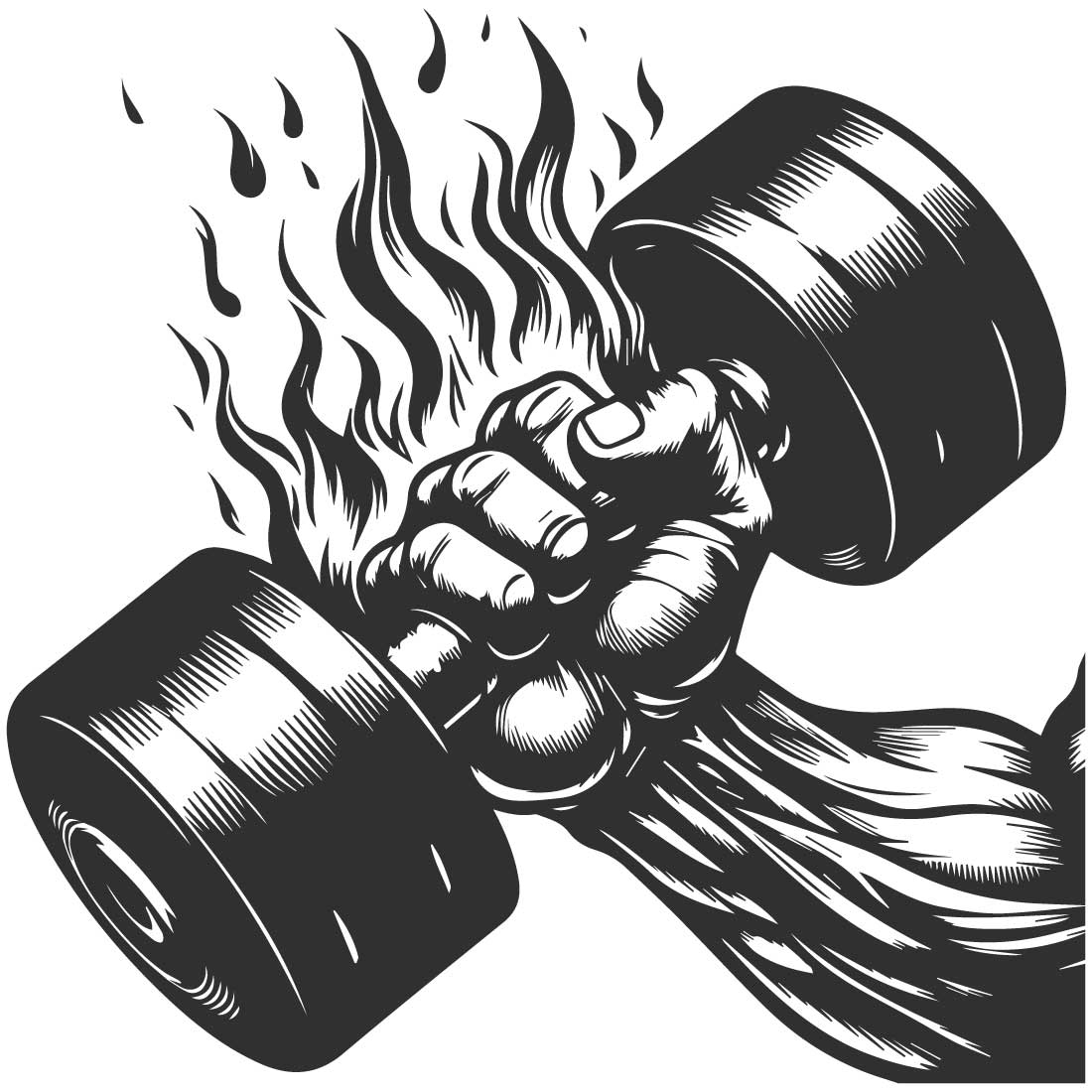 Bold line and silhouette design of a hand gripping a flaming dumbbell, detailed muscles and flame on a white background cover image.