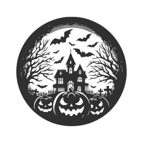 A Halloween-themed circular silhouette design featuring a spooky scene with a jack-o'-lantern house on a white background cover image.