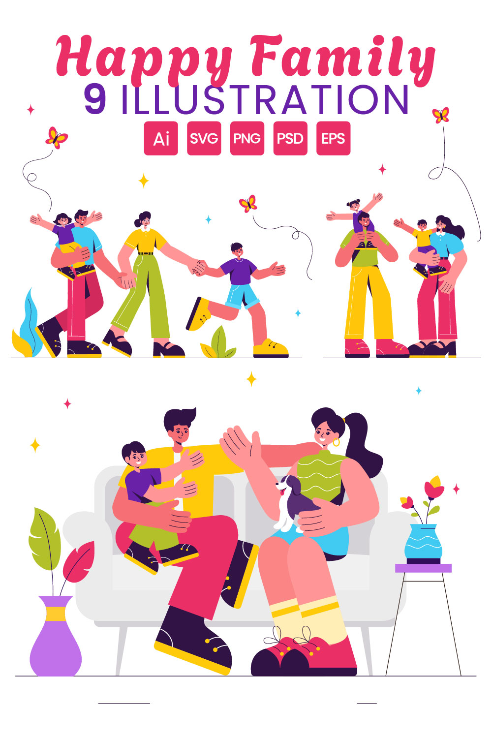 9 Happy Family Illustration pinterest preview image.