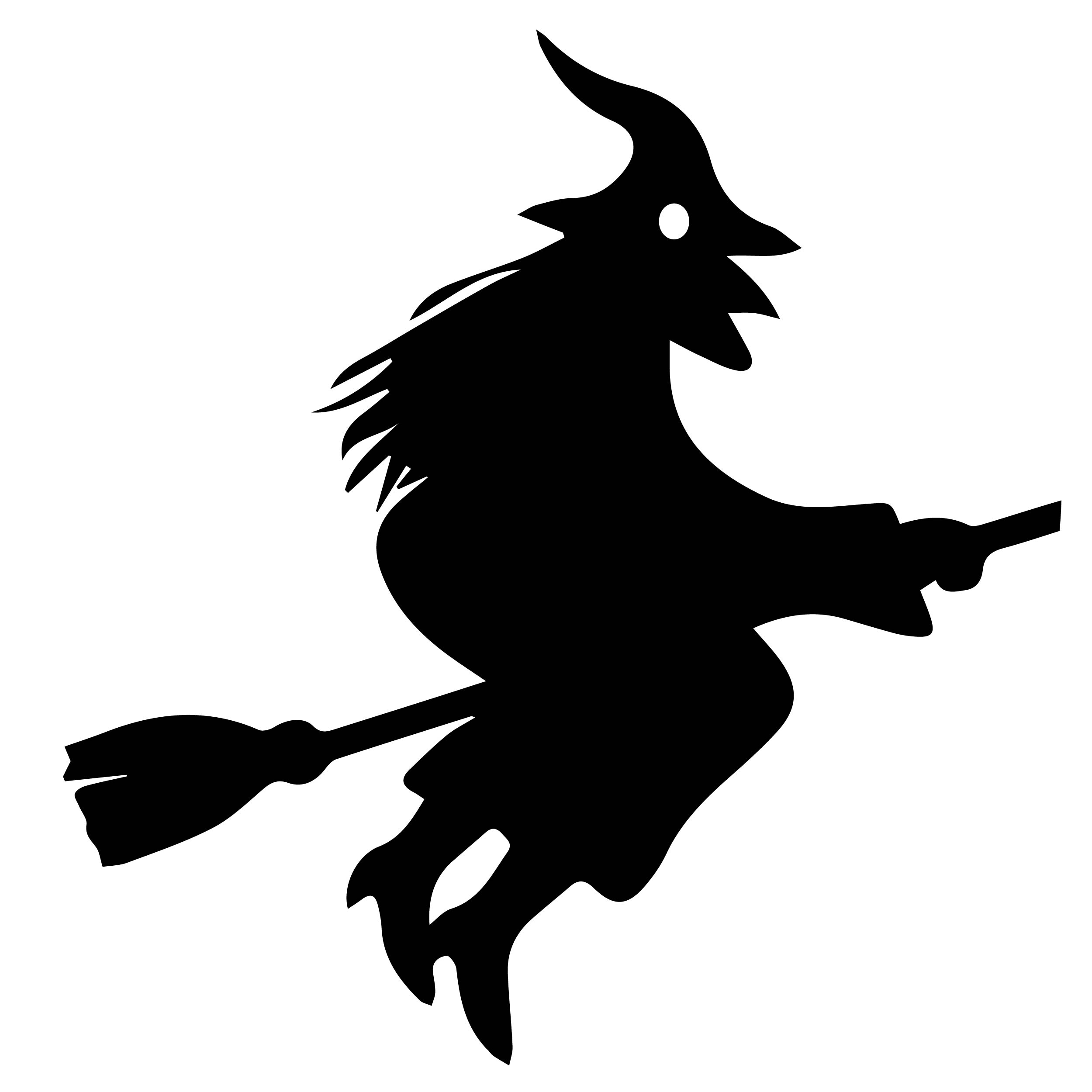 A simple, black and white silhouette of a witch flying on a broomstick The witch has a pointed hat and a mischievous expression cover image.