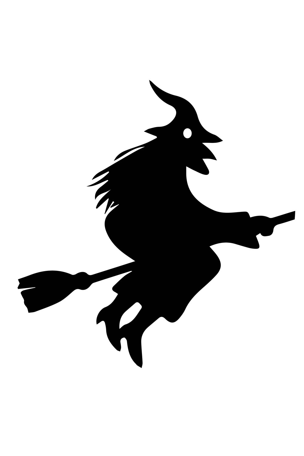 A simple, black and white silhouette of a witch flying on a broomstick The witch has a pointed hat and a mischievous expression pinterest preview image.