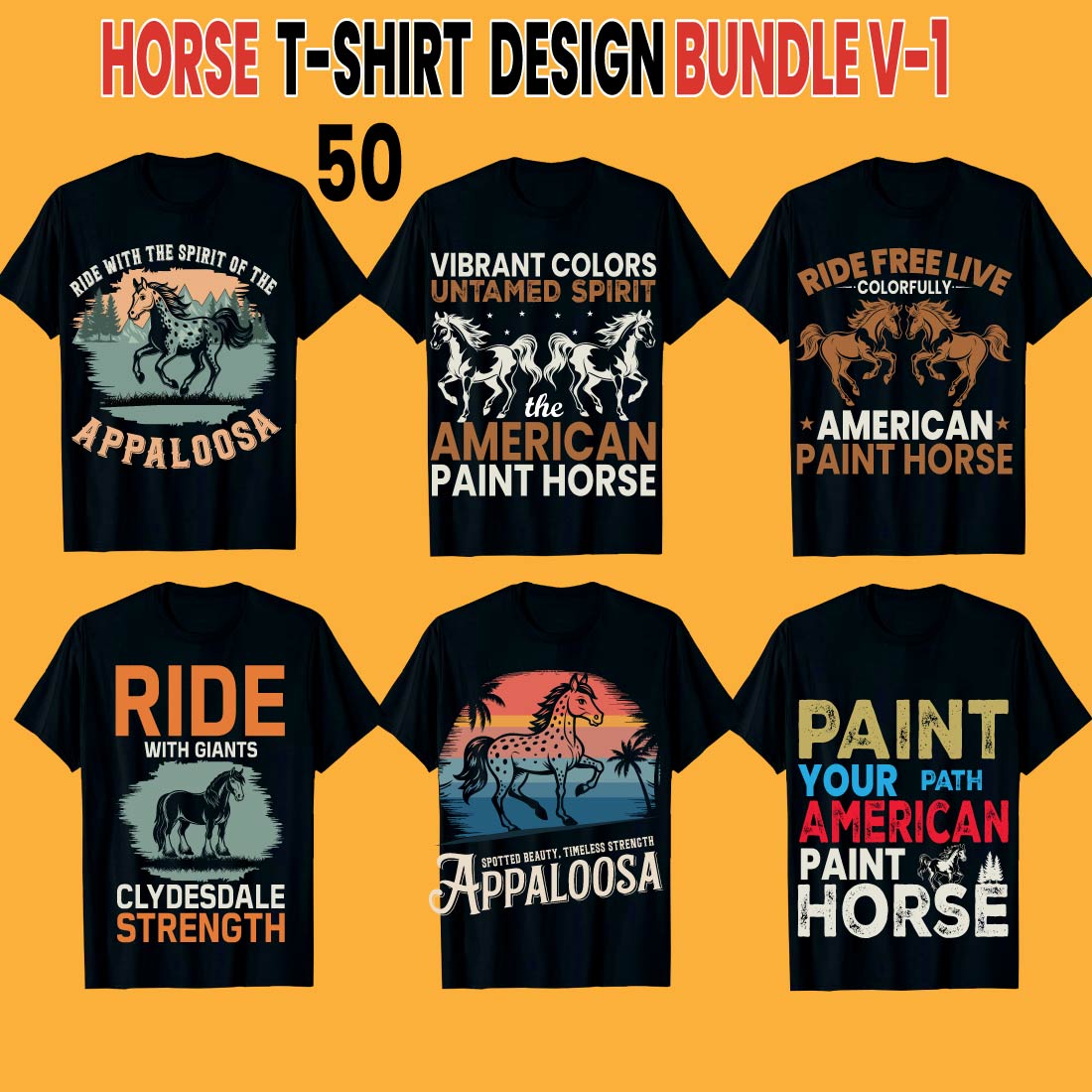 Creative Print-Ready T-Shirt Horse Breeds 50 Design Bundle V1 preview image.