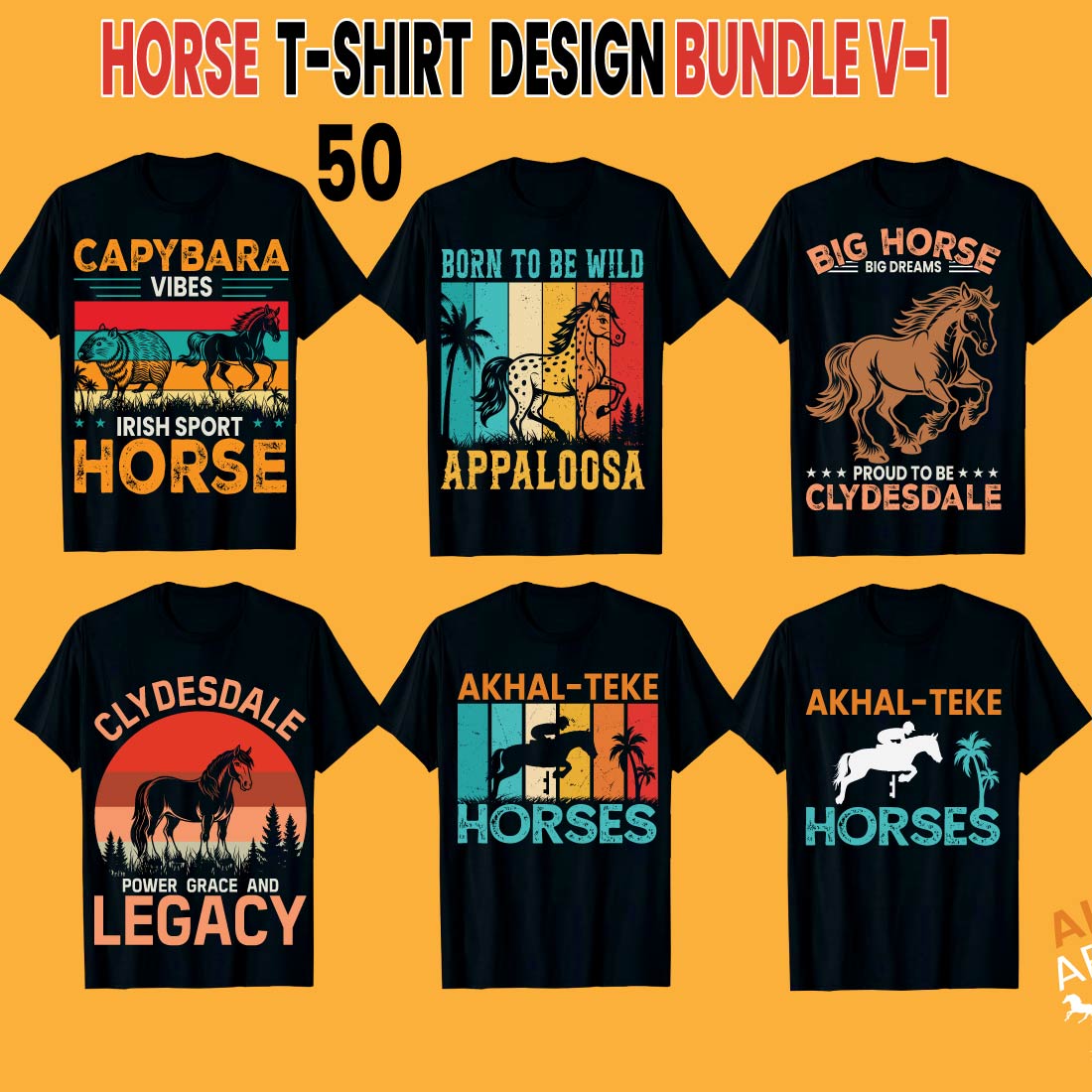 Creative Print-Ready T-Shirt Horse Breeds 50 Design Bundle V1 cover image.