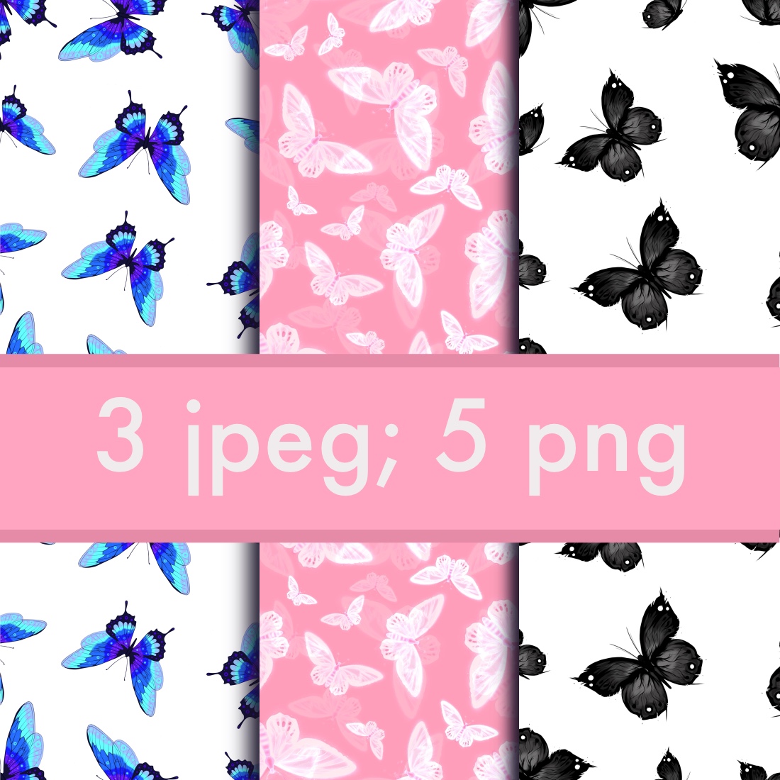 3 hand drawn seamless butterfly patterns preview image.