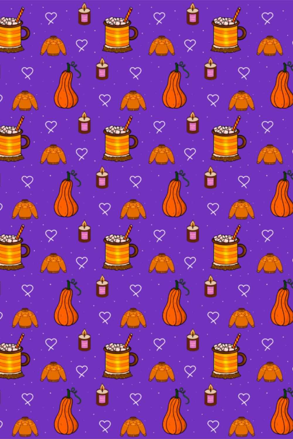 Autumn Halloween pattern with pumpkin and hot chocolate pinterest preview image.