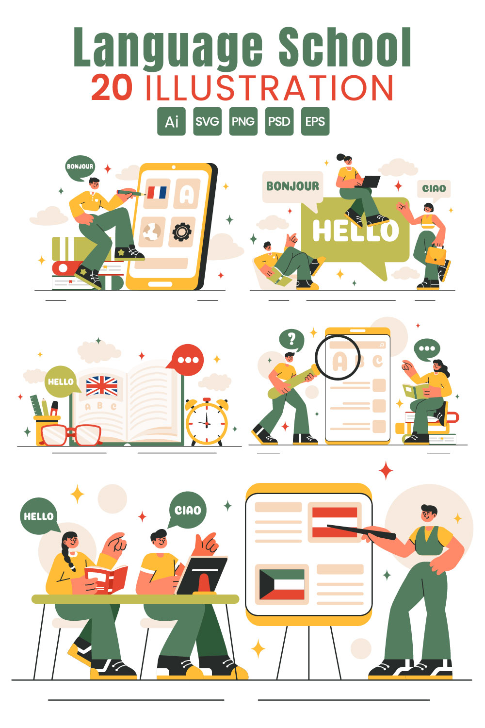 20 Language School Illustration pinterest preview image.