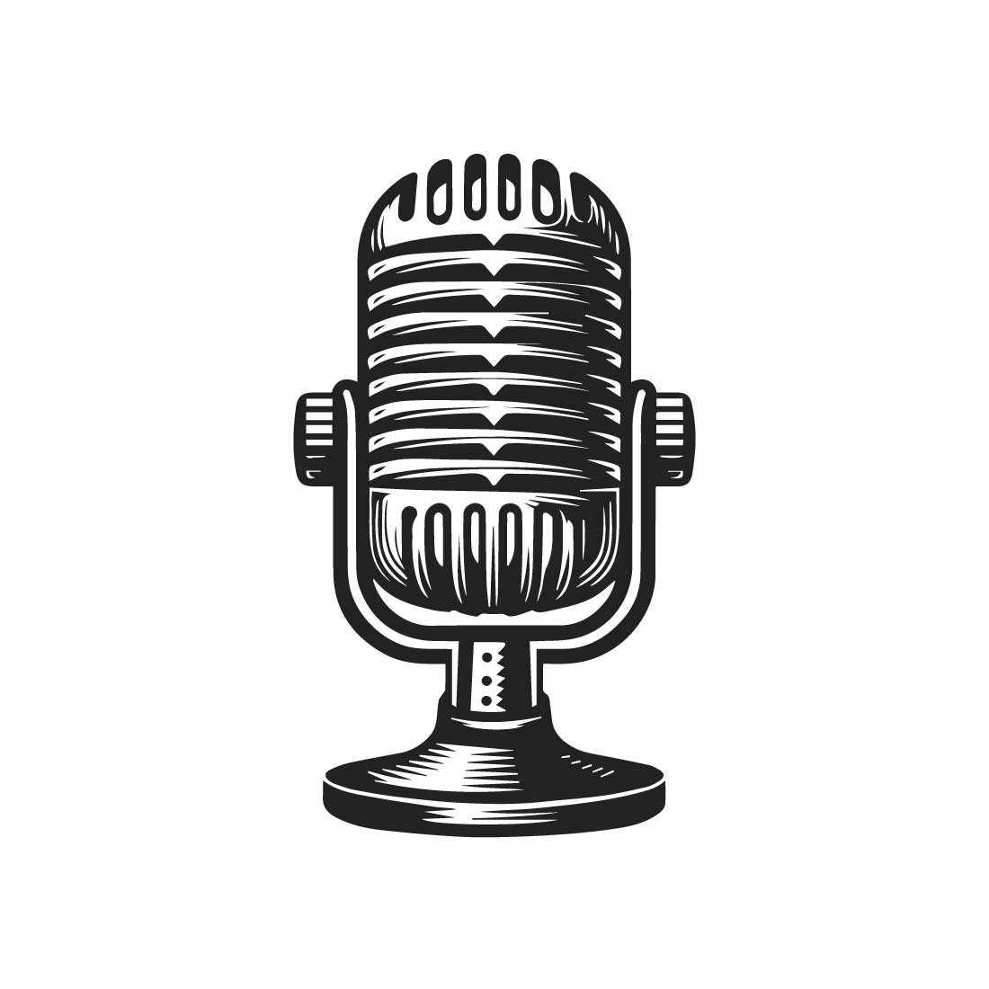 Bold line art and silhouette design of a vintage microphone include long stand on a white background Features: preview image.