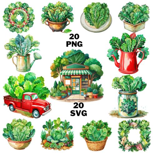 Watercolor Kale Sublimation Clipart Bundle cover image.