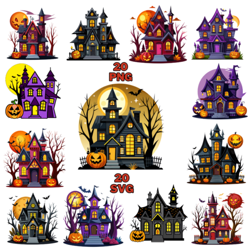 Watercolor Spooky Haunted House Night Clipart Bundle cover image.