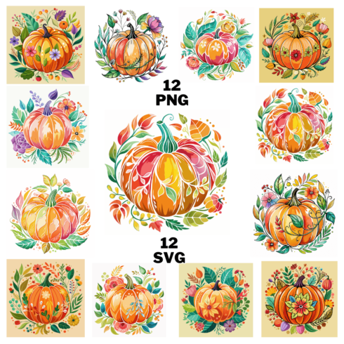 watercolor Floral Pumpkin illustration Clipart Bundle cover image.