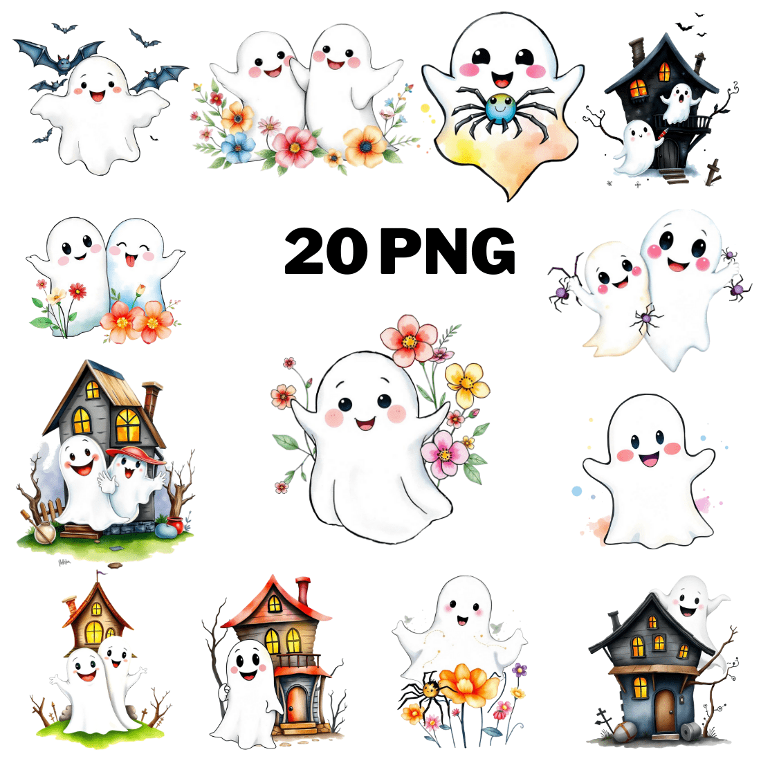 Watercolor Cute Ghost Smile Clipart bundle cover image.