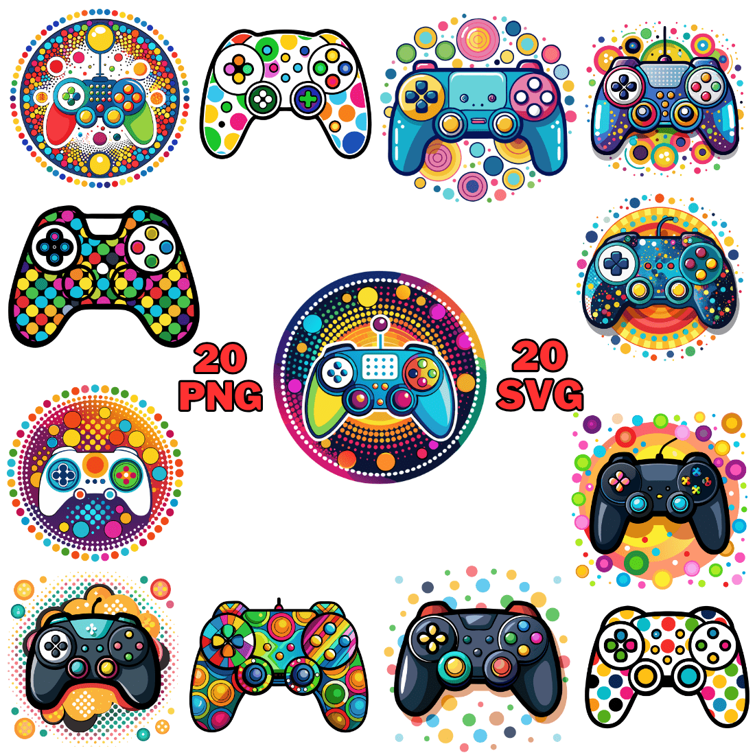 Colorful Gaming Controller with Dots Clipart Bundle cover image.