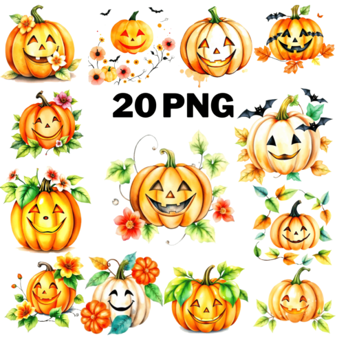 Watercolor Pumpkin Smile Illustration Clipart Bundle cover image.