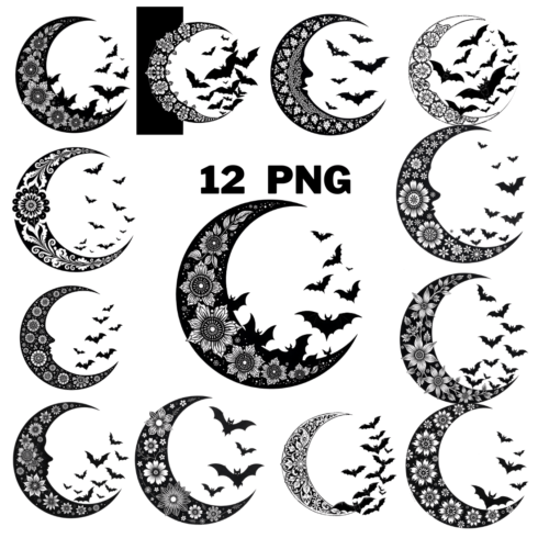 Crescent Moon Decorated with Flowers and Bats Clipart Bundle cover image.