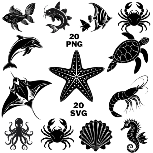 Sea Animals Silhouette Clipart cover image.