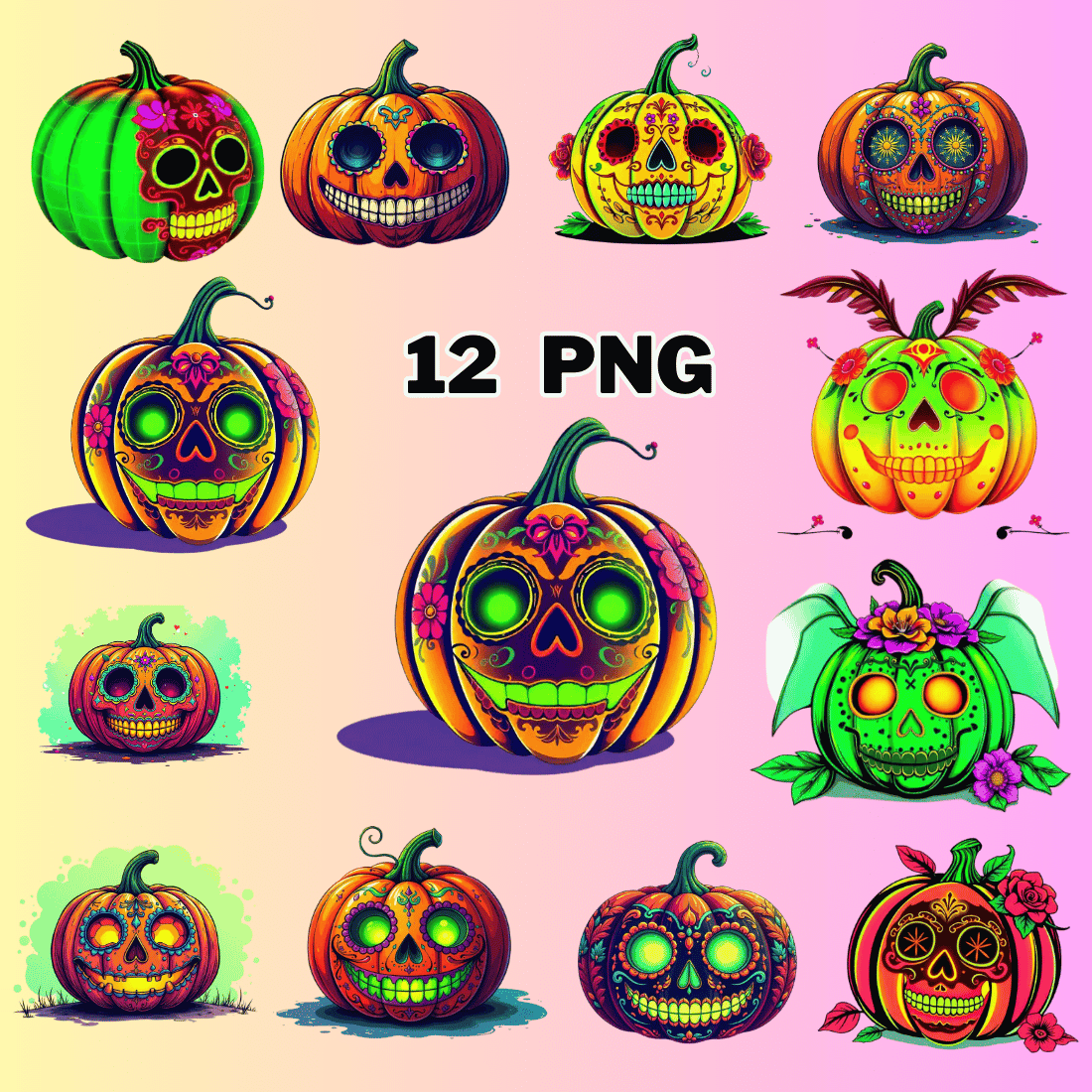 Day of the Dead Pumpkin Clipart bundle preview image.