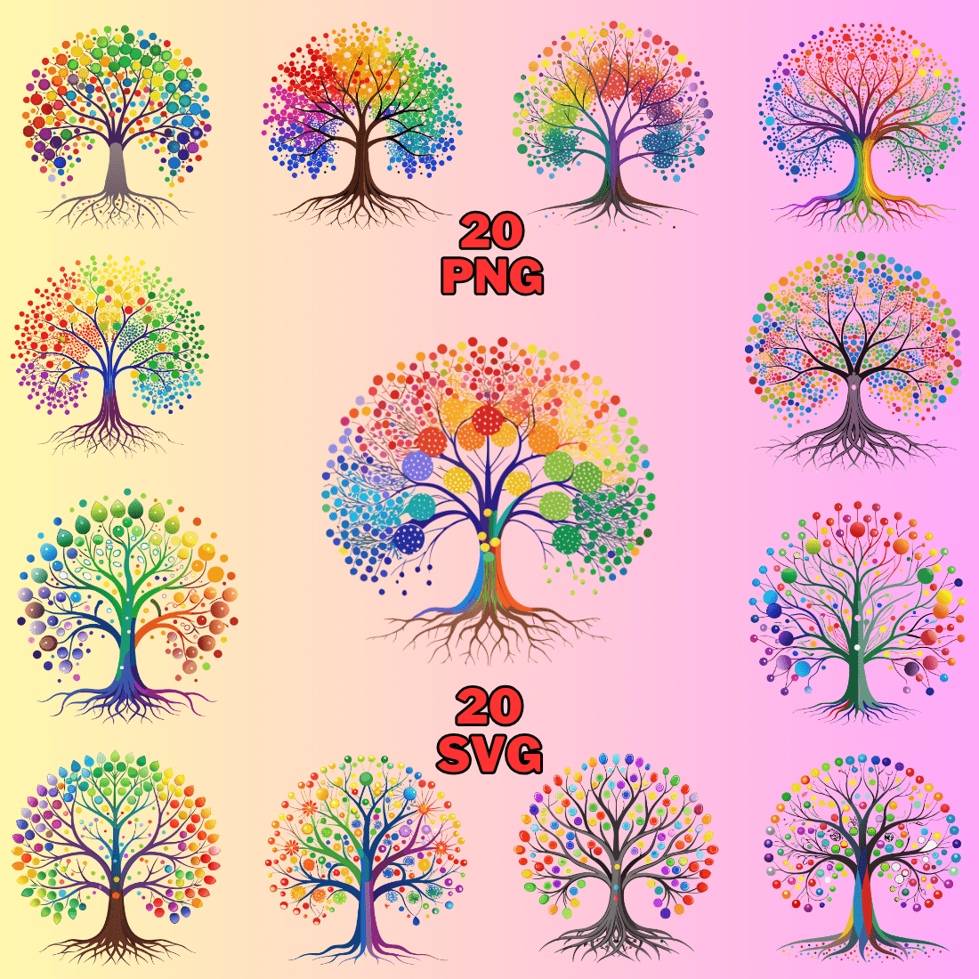 Colorful Tree With Dots Clipart Bundle preview image.