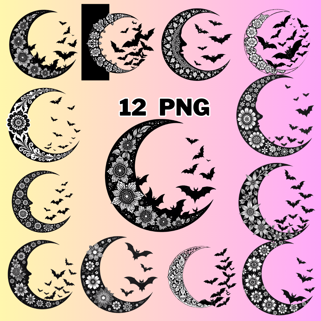 Crescent Moon Decorated with Flowers and Bats Clipart Bundle preview image.