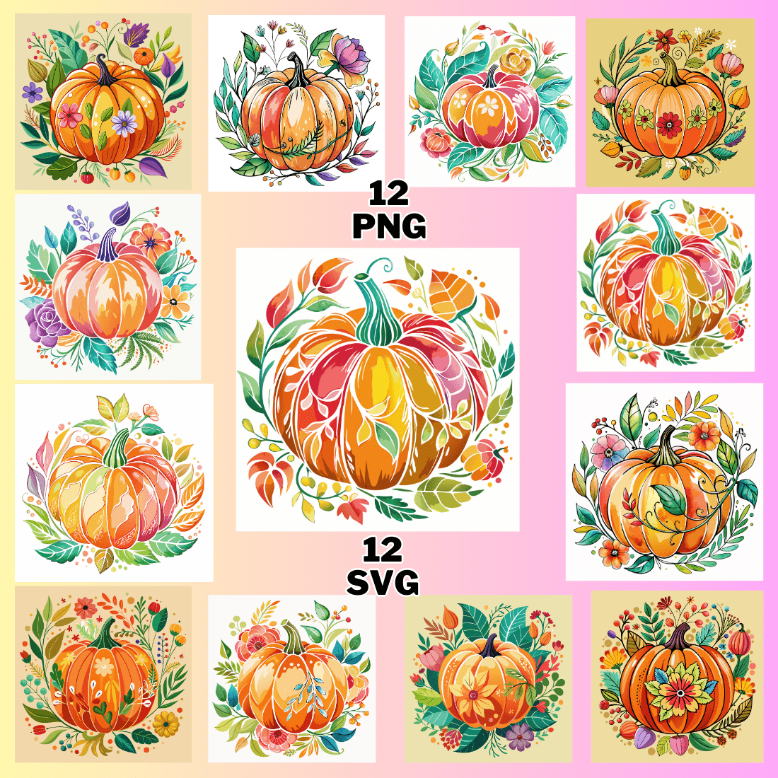 watercolor Floral Pumpkin illustration Clipart Bundle preview image.