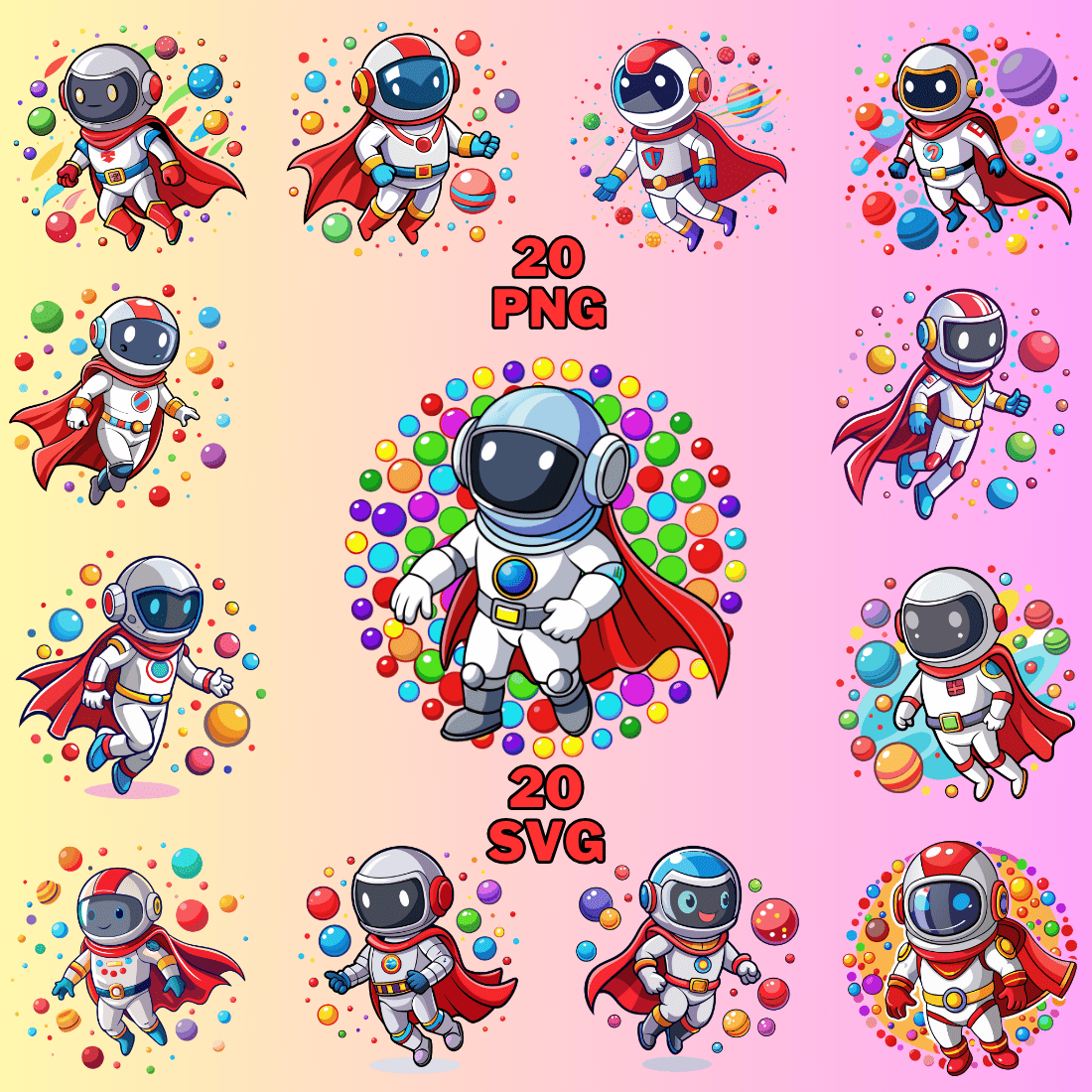 Colorful Dots and Astronaut Clipart Bundle preview image.