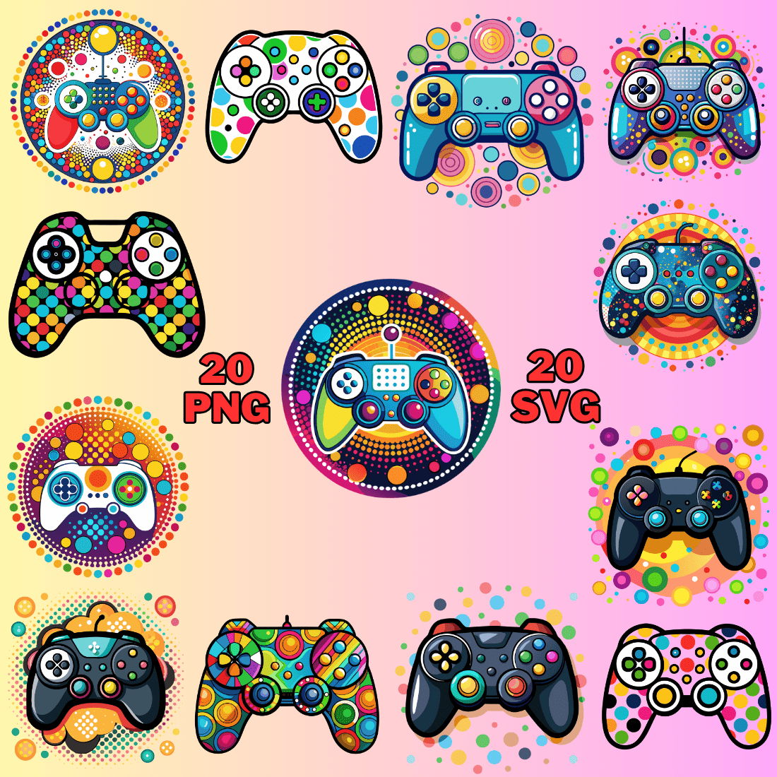 Colorful Gaming Controller with Dots Clipart Bundle preview image.