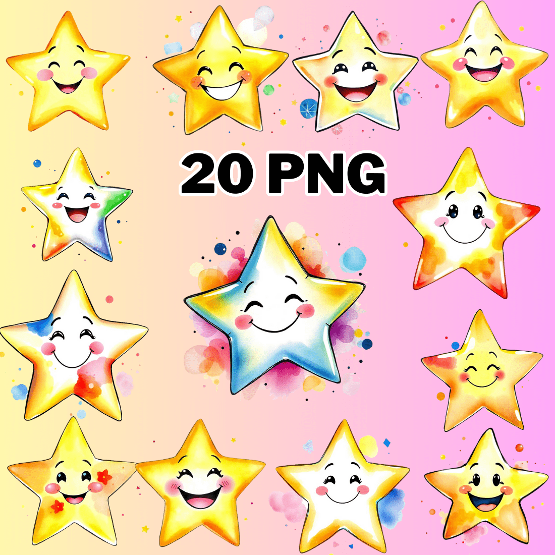 Watercolor Star With Smile Illustration Clipart bundle preview image.