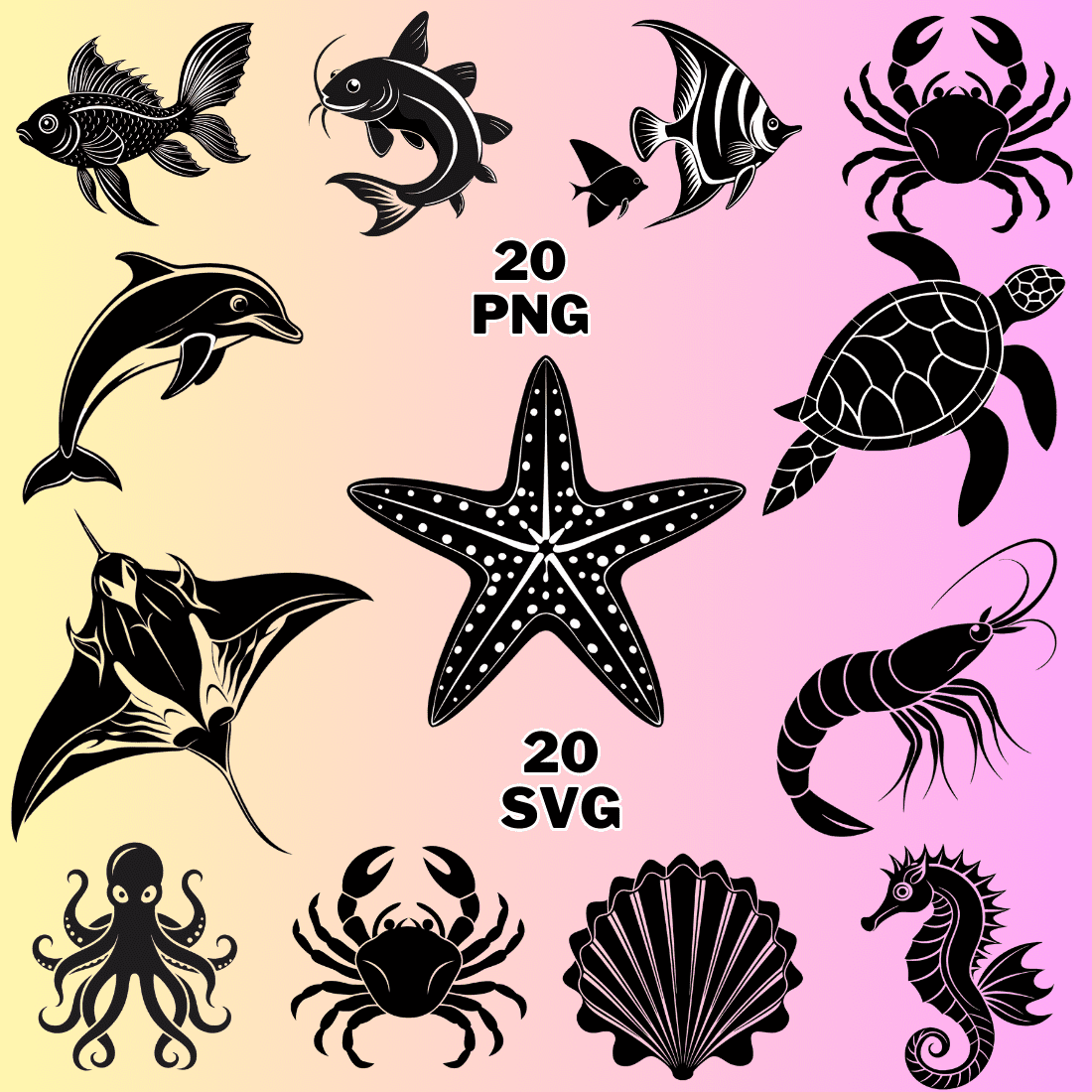 Sea Animals Silhouette Clipart preview image.