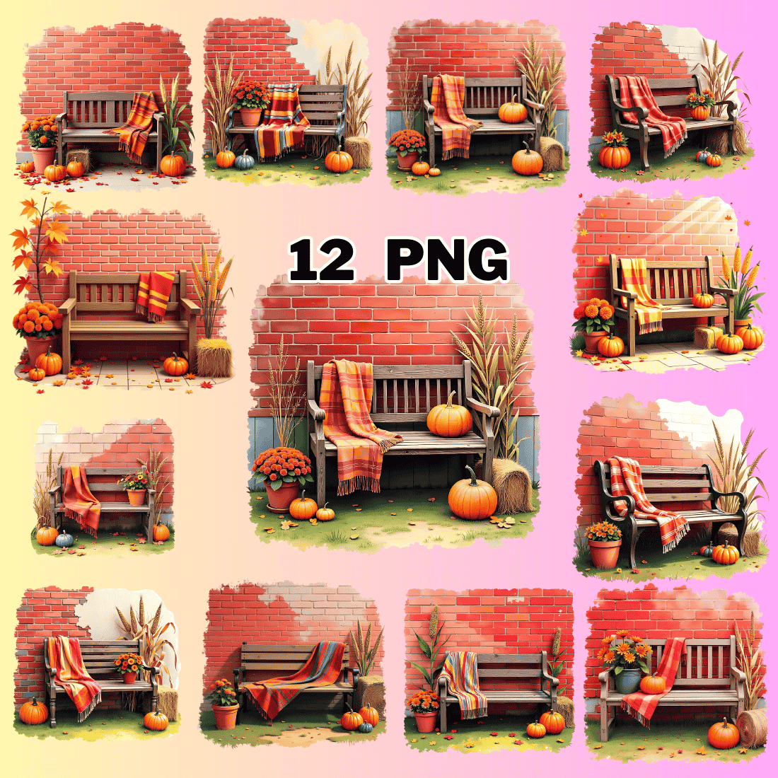 Autumnal Bench Sublimation Clipart Bundle preview image.