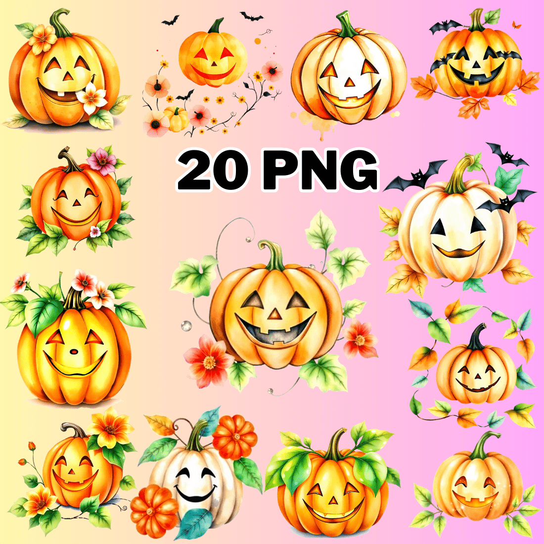 Watercolor Pumpkin Smile Illustration Clipart Bundle preview image.