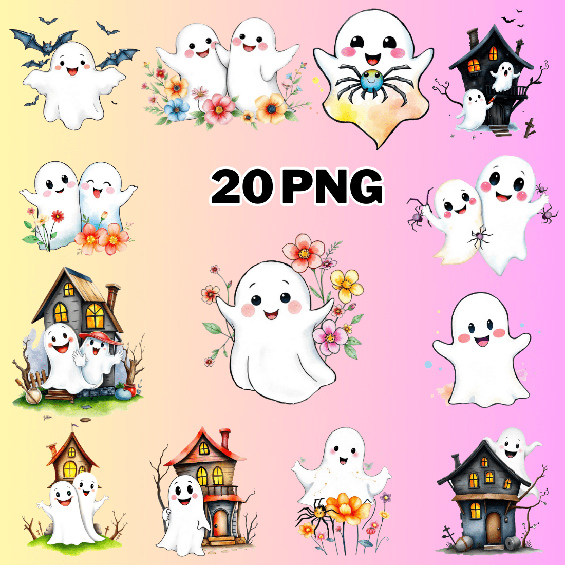 Watercolor Cute Ghost Smile Clipart bundle preview image.