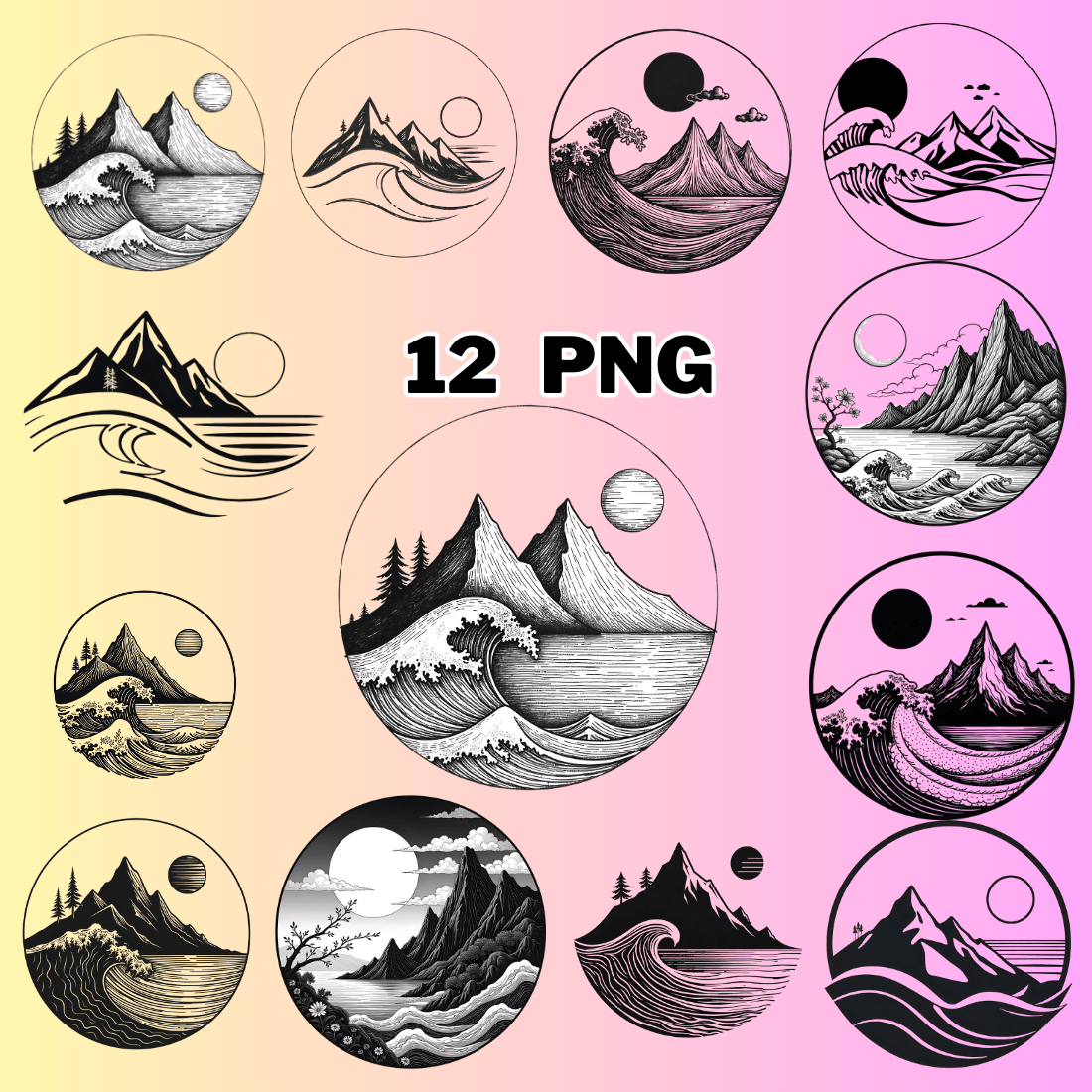 Mountain and Ocean Silhouette Clipart Bundle preview image.