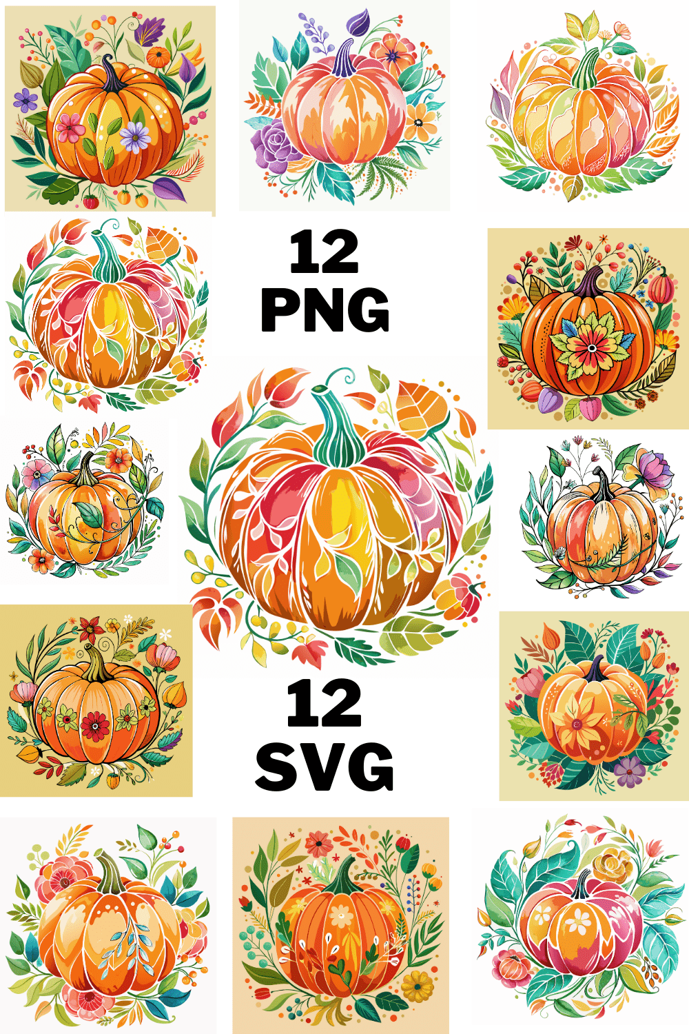 watercolor Floral Pumpkin illustration Clipart Bundle pinterest preview image.