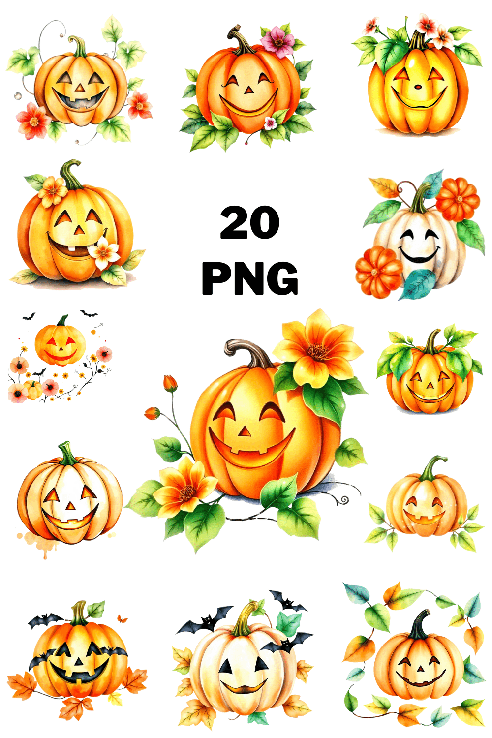 Watercolor Pumpkin Smile Illustration Clipart Bundle pinterest preview image.