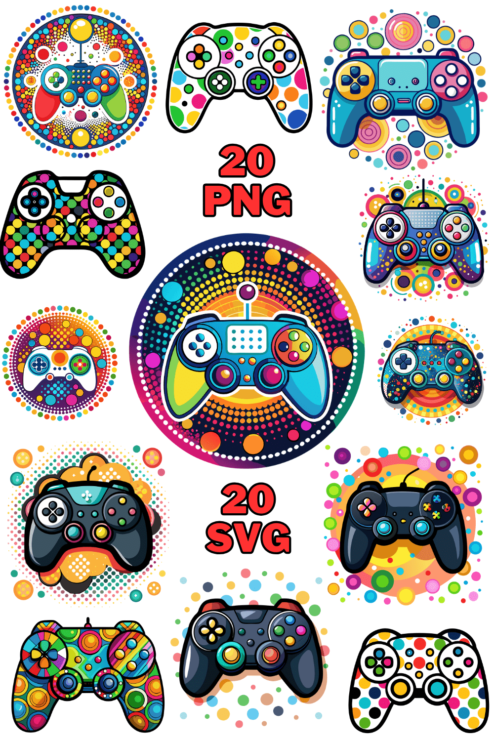 Colorful Gaming Controller with Dots Clipart Bundle pinterest preview image.