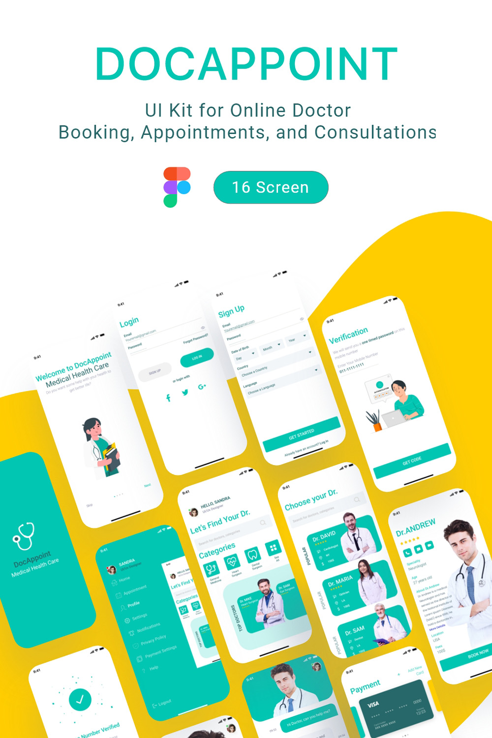 DOCAPPOINT a UI Kit for Online Doctor Booking, Appointments, and Consultations pinterest preview image.