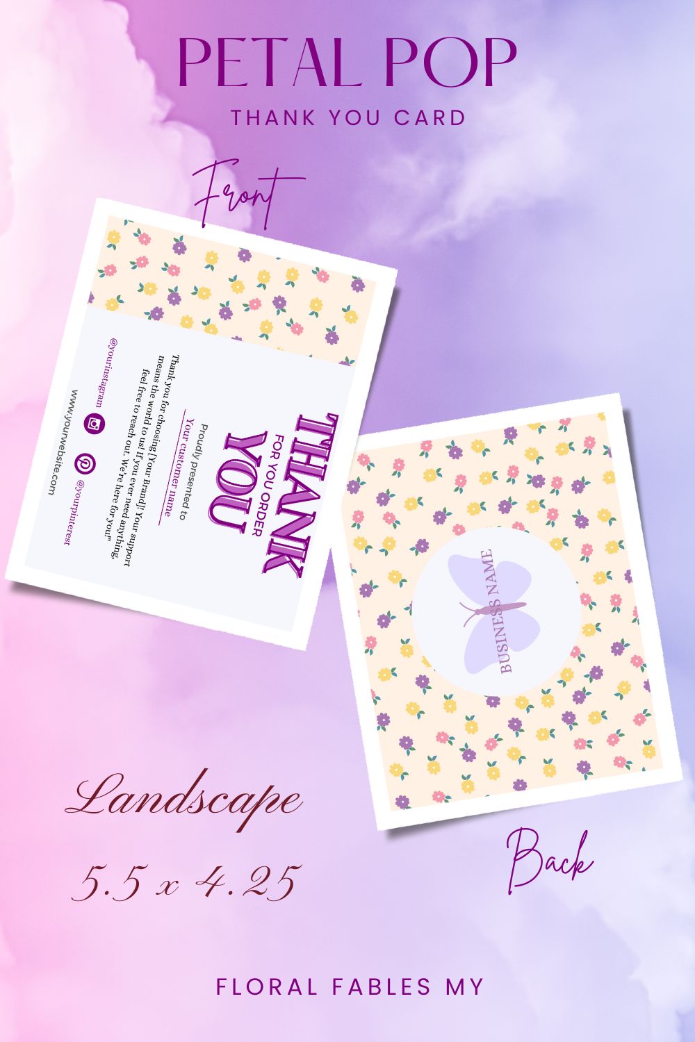 Thank you card Petal Pop, Business Branding Card, Digital Canva Template, Printable and Editable pinterest preview image.