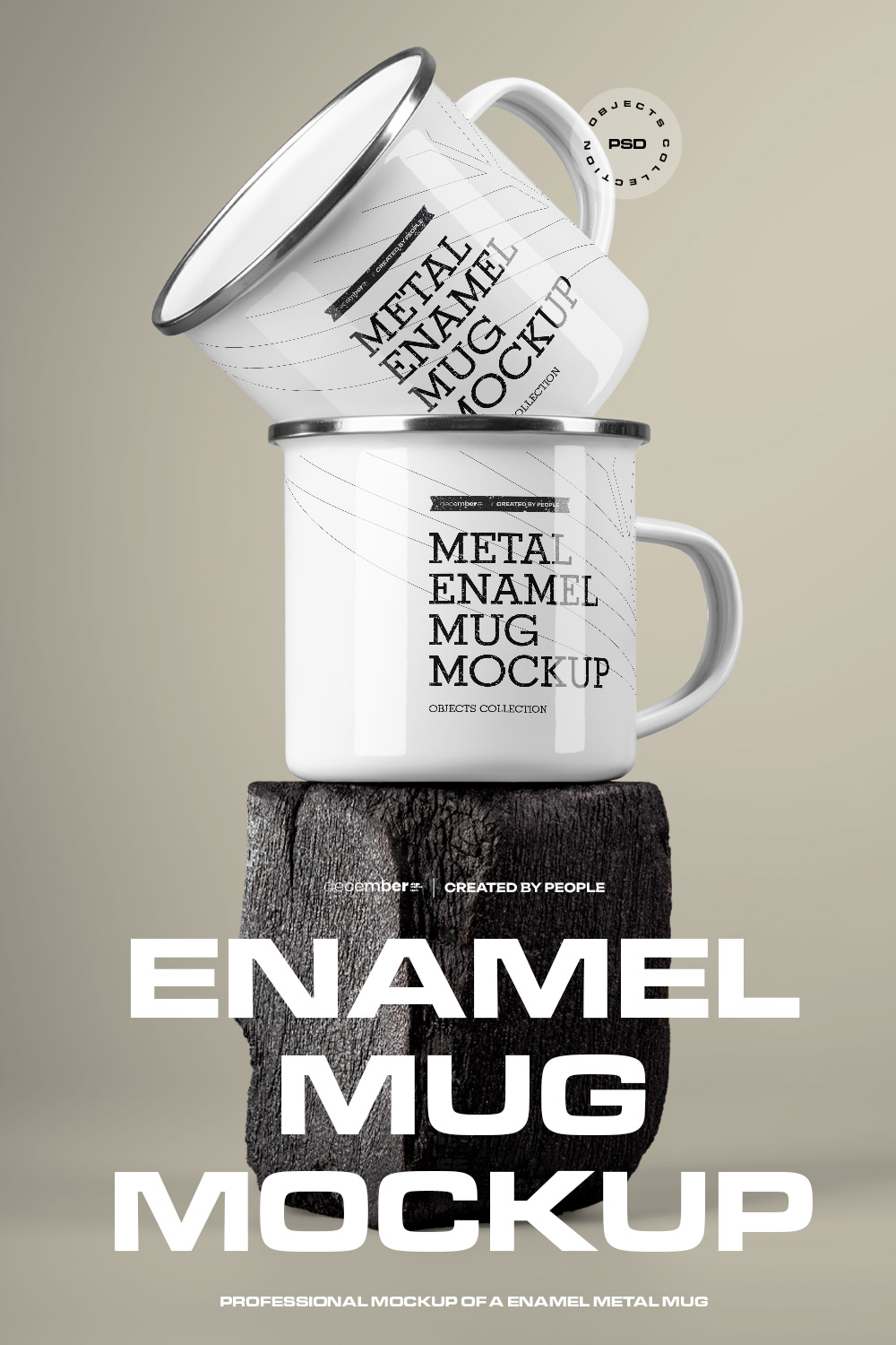 12 Mockups of Enamel Metal Mug on Burnt Wood Bar pinterest preview image.