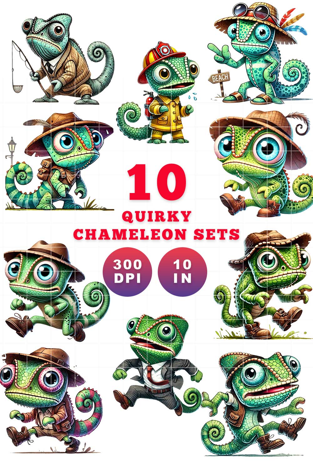 Quirky Chameleon Clipart Bundle - 10 Sets Chameleon Cartoon PNG - Cute Animals Bundle pinterest preview image.