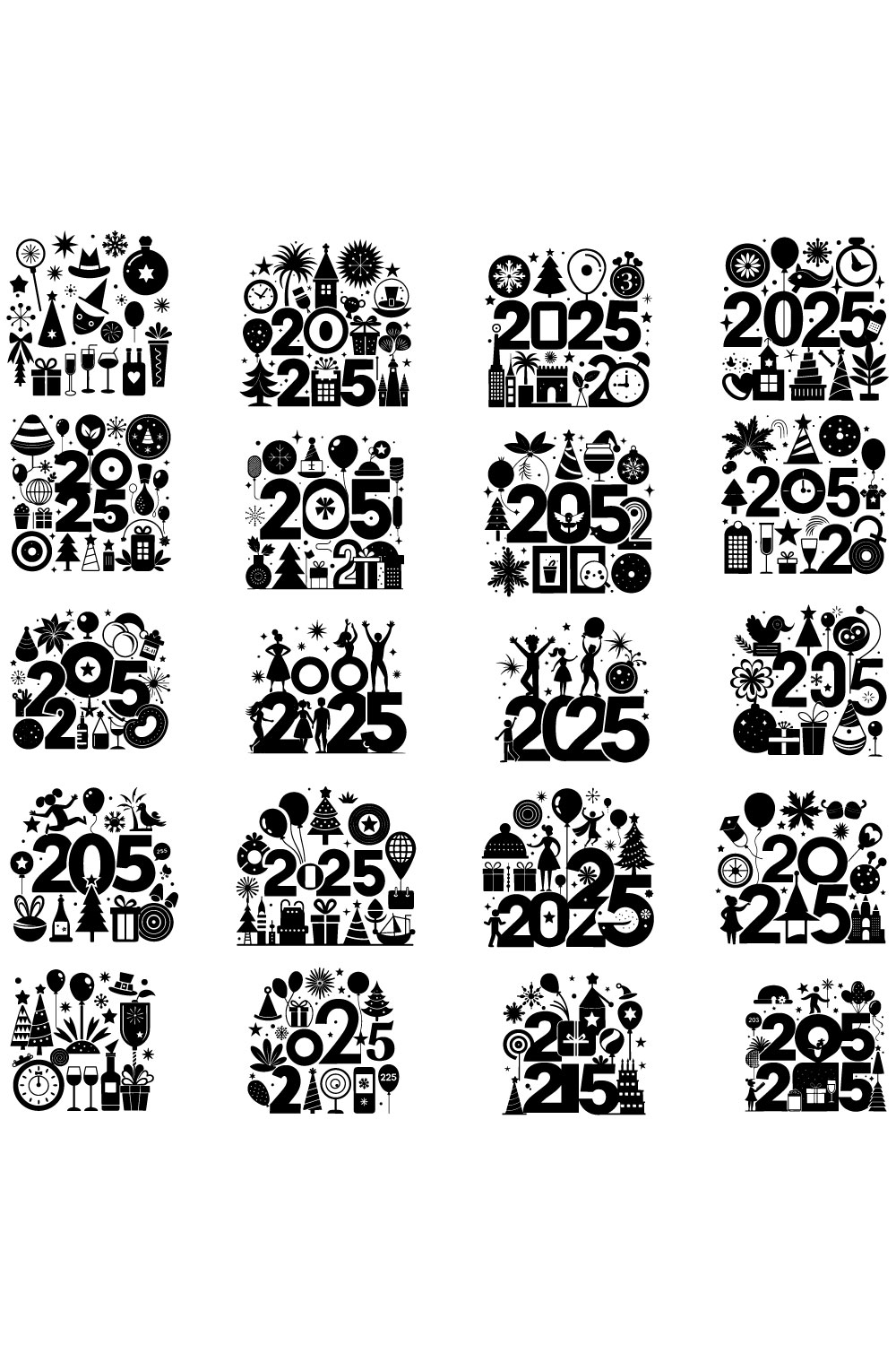 Happy New Year 2025 elements vector silhouette pinterest preview image.