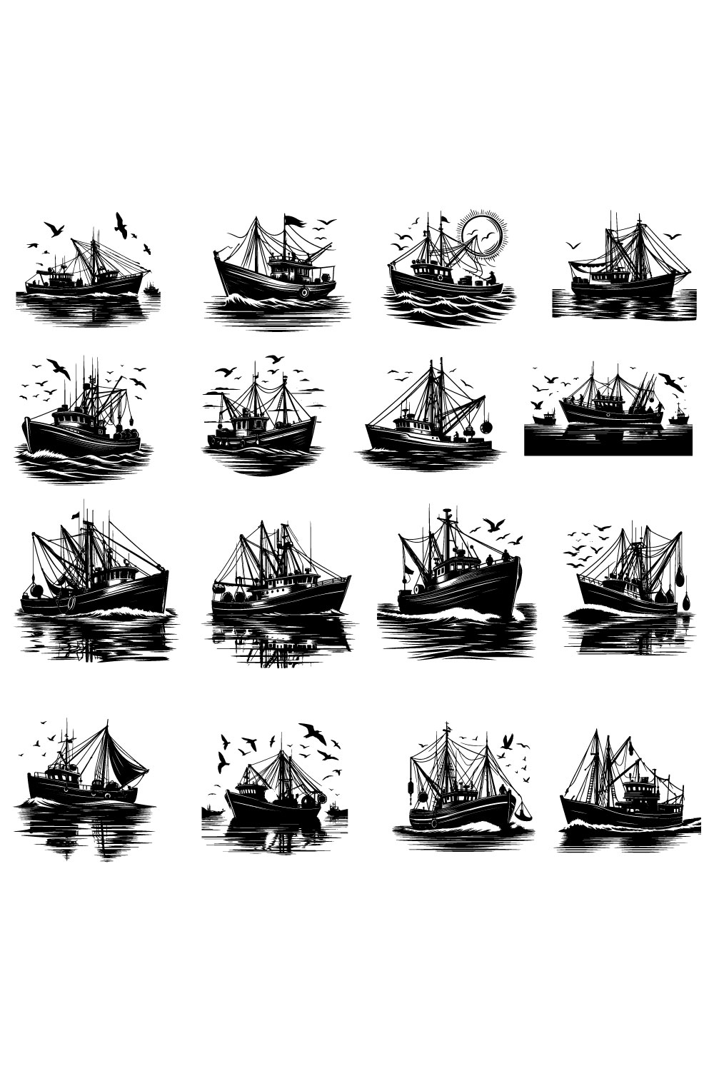 Fishing boat vector silhouette pinterest preview image.