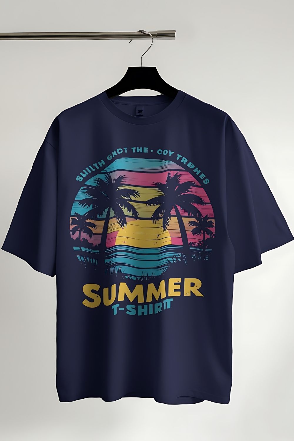 "Retro Summer T-Shirt with Palm Trees and Sunset Design – Perfect for Beach Days" pinterest preview image.