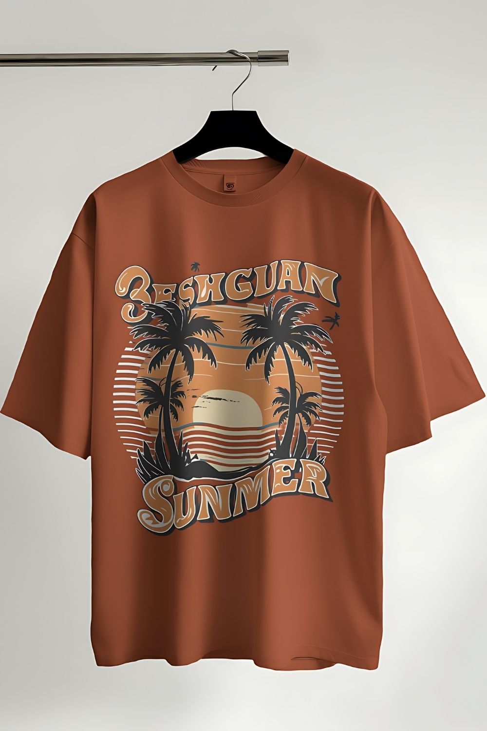 Retro-Inspired Beach Summer T-Shirt with Palm Trees and Sunset Design pinterest preview image.