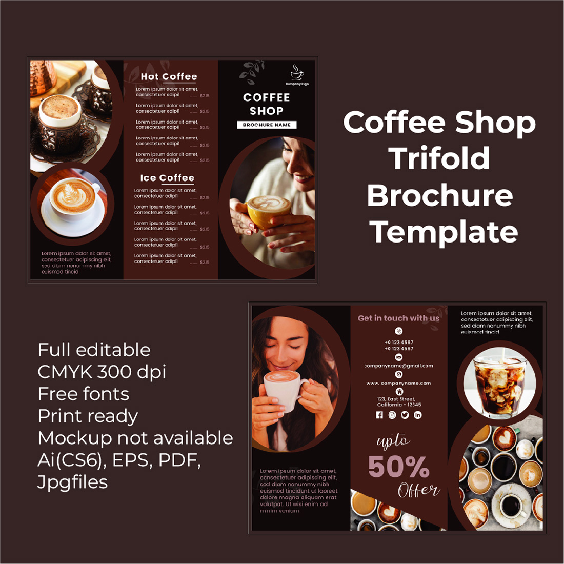 Coffee Shop Trifold Brochure Template cover image.