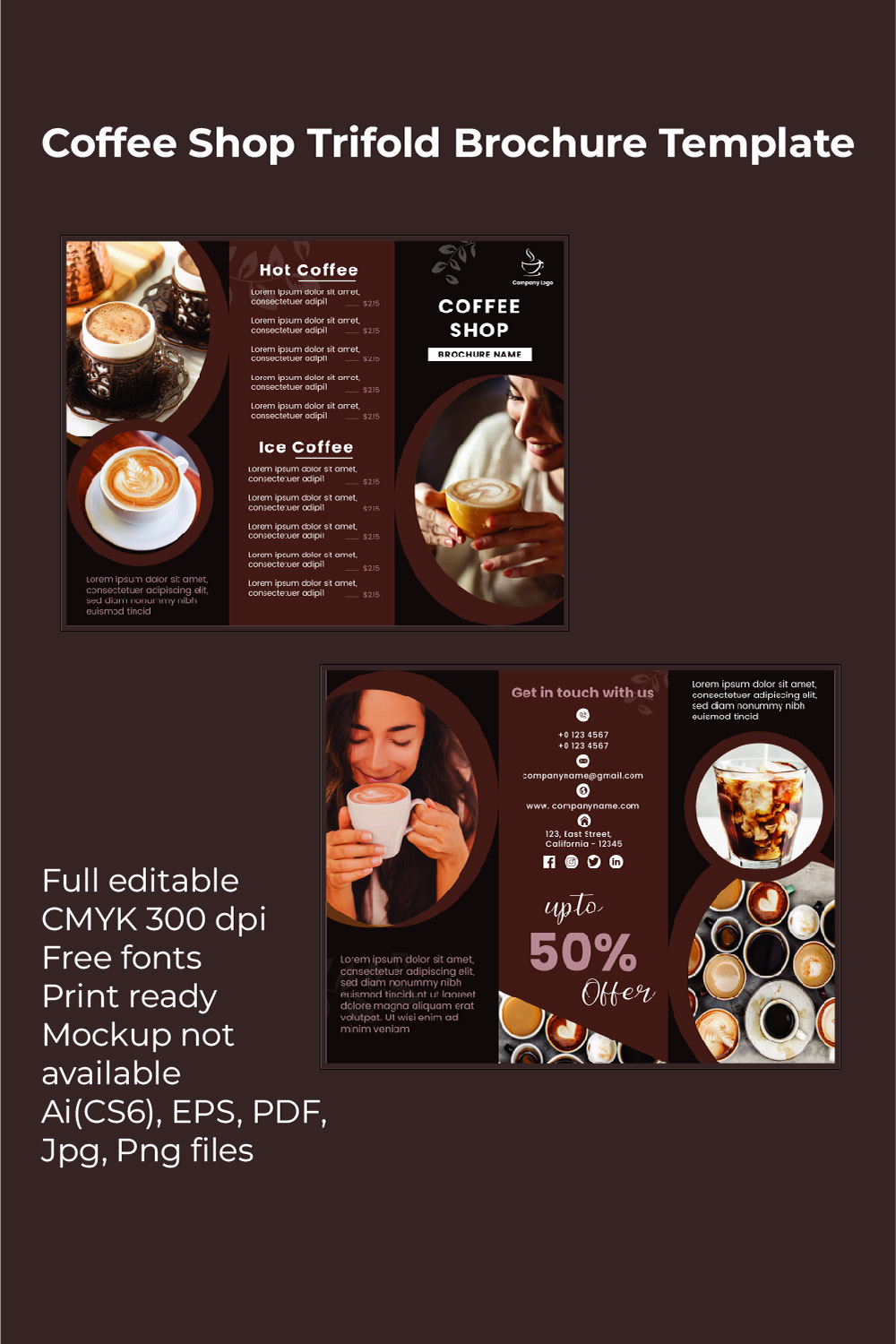 Coffee Shop Trifold Brochure Template pinterest preview image.